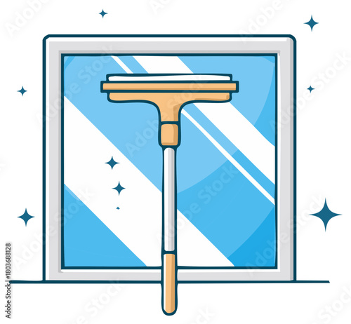 Cartoon illustration of a squeegee cleaning a sparkling window pane. Household chores and cleaning service concept.