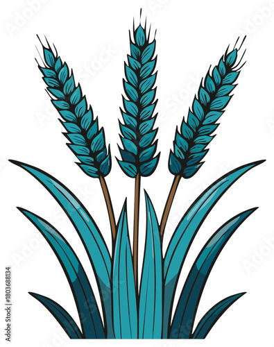 Three blue wheat stalks with green leaves stylized illustration