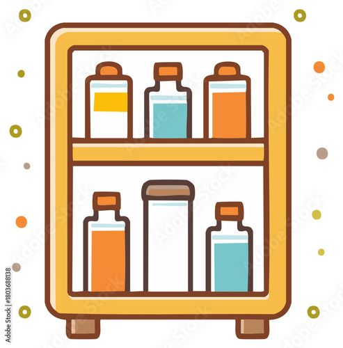 Illustrated wooden shelf filled with various colorful bottles containing liquids.