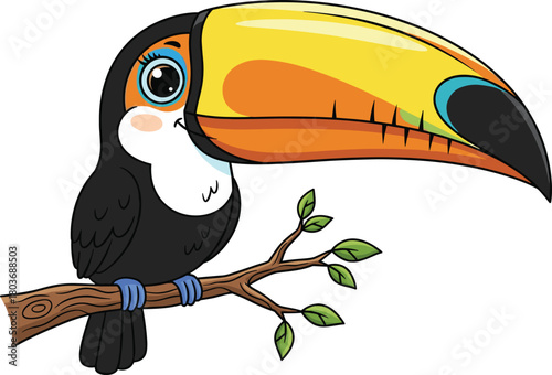 Cartoon toucan illustration, colorful bird on branch, vibrant beak, cheerful expression, children’s art, playful tropical design, jungle animal