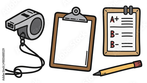 Hand drawn school elements including a clipboard grades whistle and pencil vector illustration isolated on white