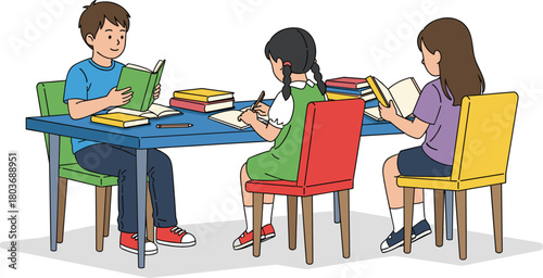 Children reading books together, kids writing in notebook, learning at school table, educational activity, teamwork, study group, classroom environment, colorful chairs