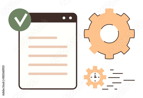 Document checklist with a green checkmark, large gear symbolizing processes, smaller gear with clock for speed, and motion lines. Ideal for productivity, workflow, organization, efficiency, time