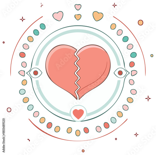 Broken heart in decorative circle with colorful beads and eyes.