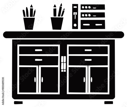 Black and white illustration of cabinet with pencils and binder for office organization