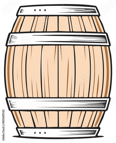 Traditional wooden barrel with metal bands for liquid storage or vintage design element