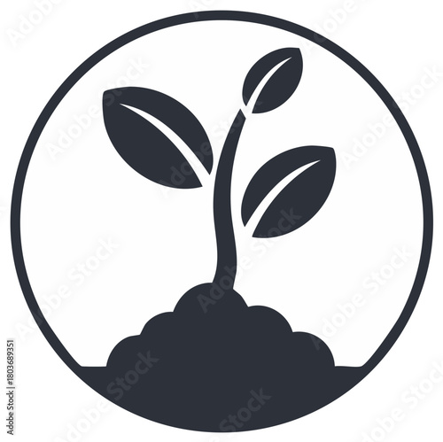 Simple graphic of a sprouting plant with fresh leaves in a soil mound framed by a circular design