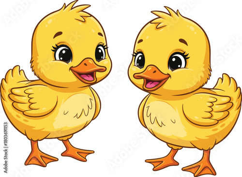 Two cartoon yellow ducklings, cute baby ducks illustration, cheerful animal drawing, expressive eyes, orange beaks, friendly pet clipart