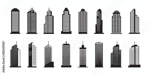 Collection of black skyscraper building silhouettes isolated on