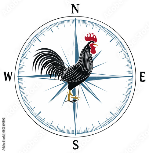 Rooster as Compass Needle on a Vintage Nautical Navigation Tool
