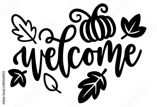 Welcome fall pumpkin sign, farmhouse autumn home decor with leaves