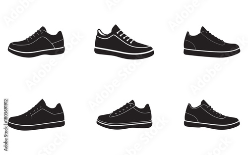 Variety of Silhouette Sneakers and Trainers Black and White Design Running Shoes Footwear Different Styles Athletic Shoes Fashionable Sneakers for Active Lifestyle