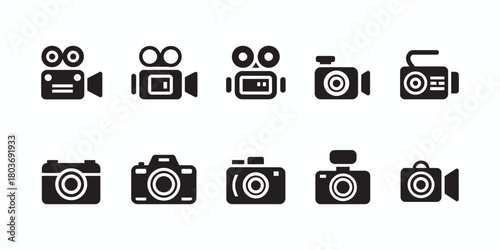 Collection of black camera and camcorder icons on a