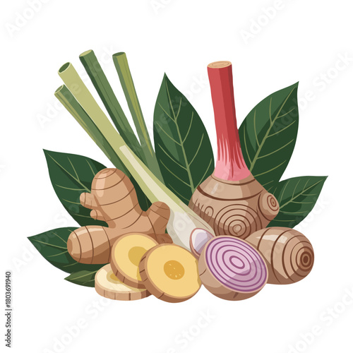A vibrant watercolor illustration of fresh thai culinary ingredients including lemongrass galangal ginger and shallots arranged artistically isolated on white background