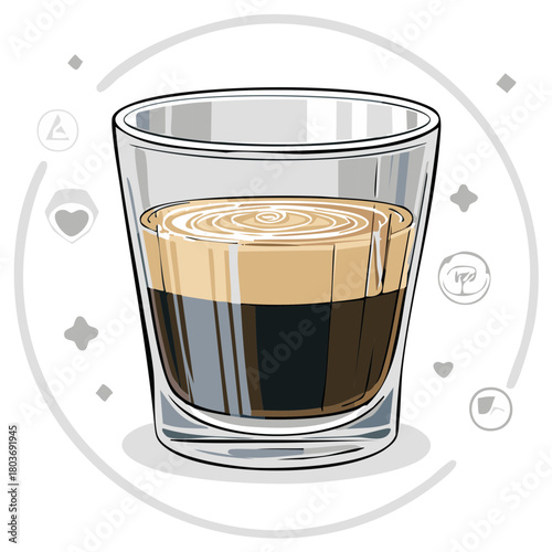 Espresso Con Panna in Clear Glass, Delicious Coffee with Cream, Swirl Illustration