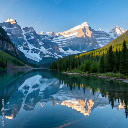 Sunlit Mountain Peaks Reflected in Pristine Alpine Lake .