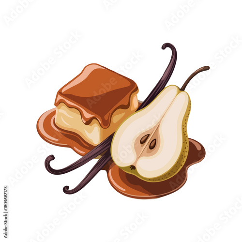 A delicious dessert featuring a square of cake drizzled with caramel sauce with a halved pear and vanilla beans on a white background isolated on white background
