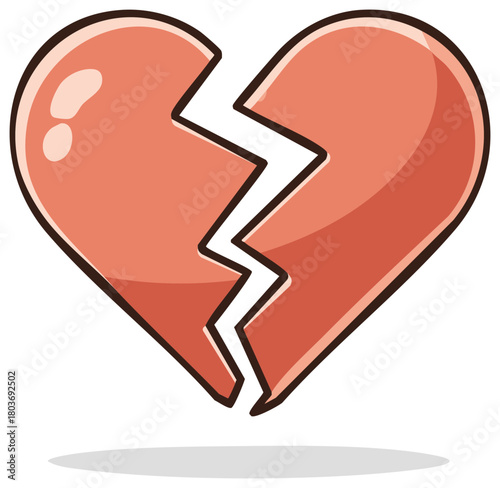 Cartoon illustration of a cracked heart, broken love symbol, relationship problems and emotional pain concept