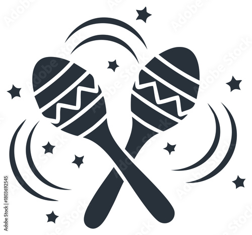 Crossed maracas icon with stars and musical sound waves, festive celebration symbol