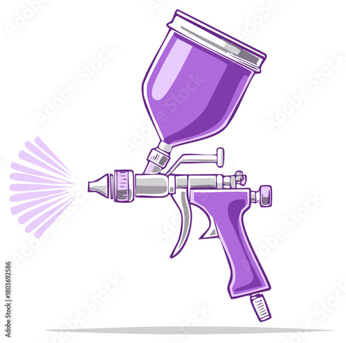 Cartoon paint spray gun spraying purple paint vector illustration
