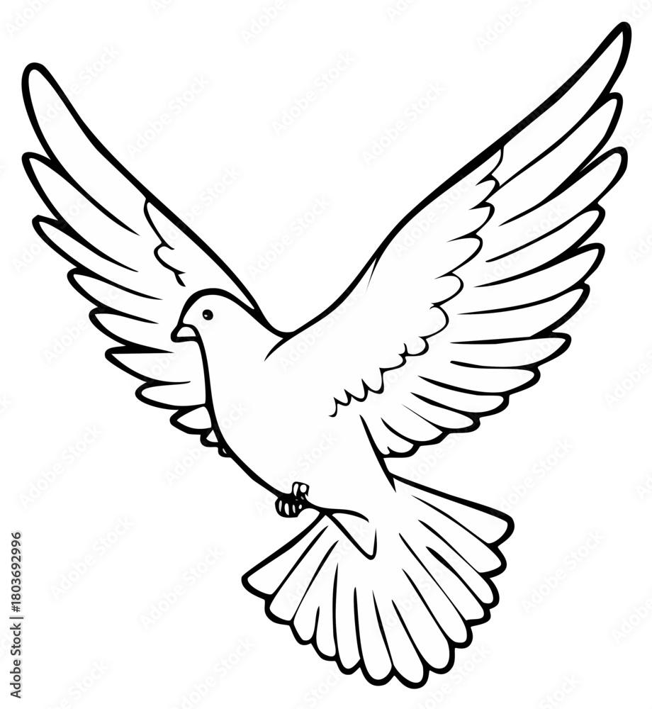 Fototapeta premium Line drawing of a white dove flying with spread wings symbolizing peace and freedom