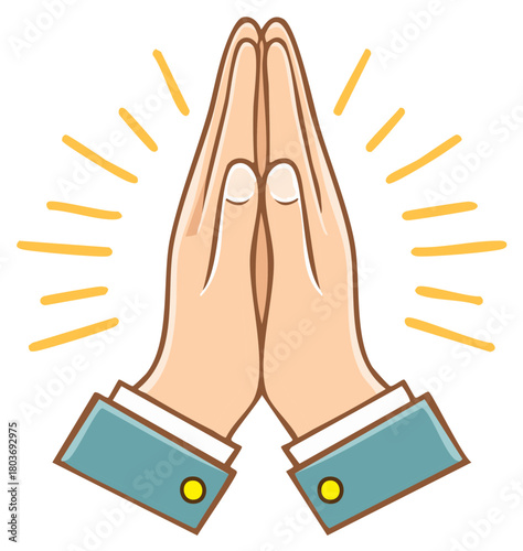 Praying Hands with Bright Yellow Rays Illustration Symbol