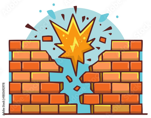 Cartoon brick wall exploding with a bright starburst graphic and flying debris