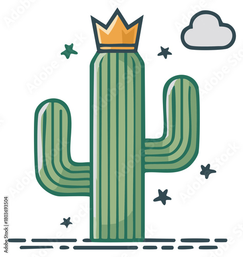 Regal saguaro cactus illustration wearing a golden crown surrounded by decorative stars and a fluffy cloud