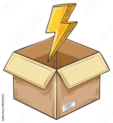 Cartoon illustration of a yellow lightning bolt emerging from an open cardboard box