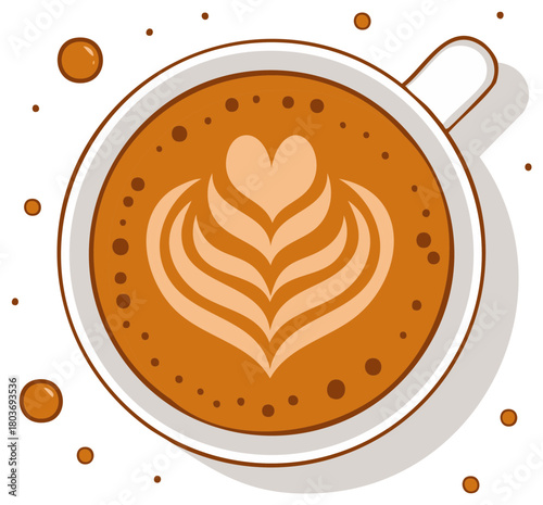 Top view flat illustration of a cappuccino with latte art heart and foam bubbles