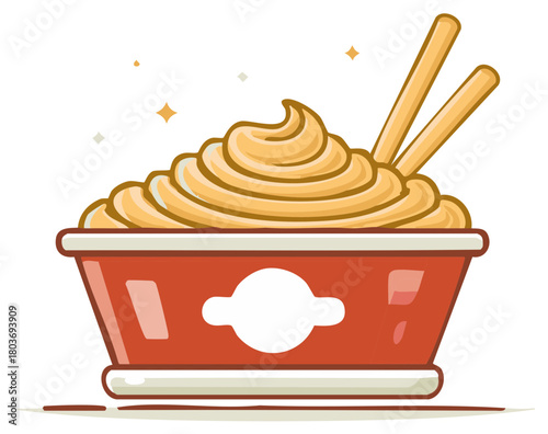 Stylized swirl of soft serve ice cream in a red container with crunchy wafer sticks and sparkling accents