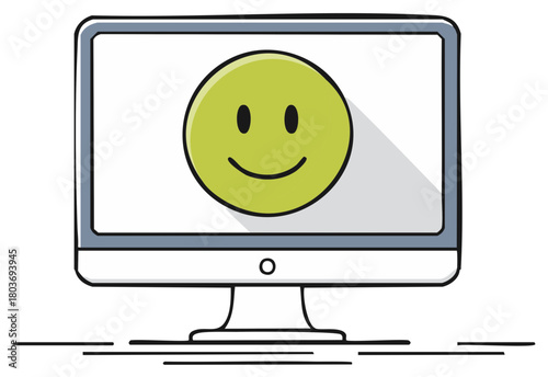 Desktop computer screen showing cheerful green smiley face emoji symbol illustration