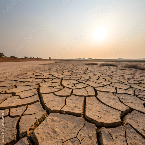 Drought-Stricken Cracked Earth Under Harsh Sunlight.