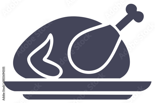 Roasted Thanksgiving turkey symbol on plate, festive holiday food illustration