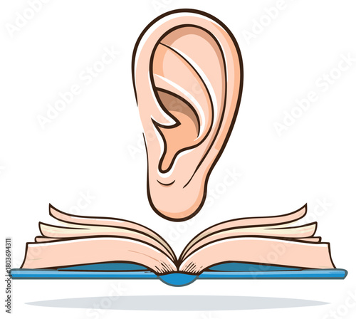 Cartoon illustration of an ear and an open book, symbolic of listening and learning