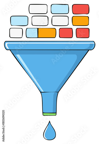 Data filtering with funnel and rectangular blocks, process, selection, and simplification concept