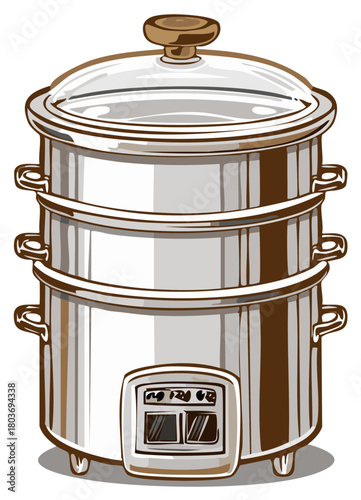 Illustration of a stainless steel electric steamer with a glass lid
