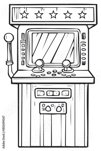 Vintage arcade machine with joysticks and buttons line art illustration