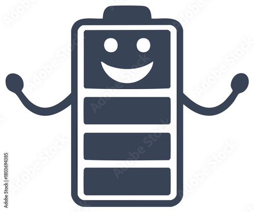 Happy Battery Character with Arms and Smiling Face Icon