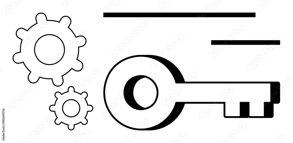 Obraz premium Key and two gears in a minimal black and white design suggesting unlocking potential and functionality. Ideal for innovation, solutions, technology, security, precision, problem-solving, simple flat