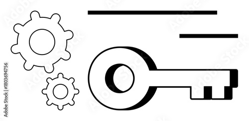 Key and two gears in a minimal black and white design suggesting unlocking potential and functionality. Ideal for innovation, solutions, technology, security, precision, problem-solving, simple flat