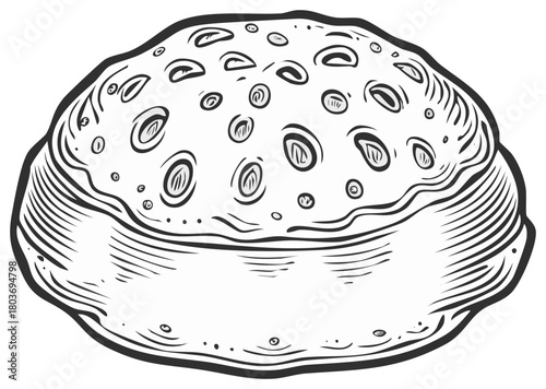 Sketch of a round textured flatbread with holes and wavy edges