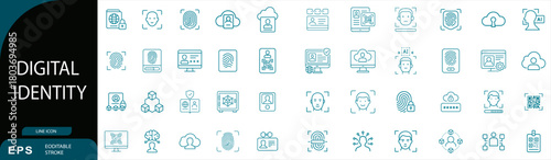 Digital identity authentication line icons set, minimal outline modern vector