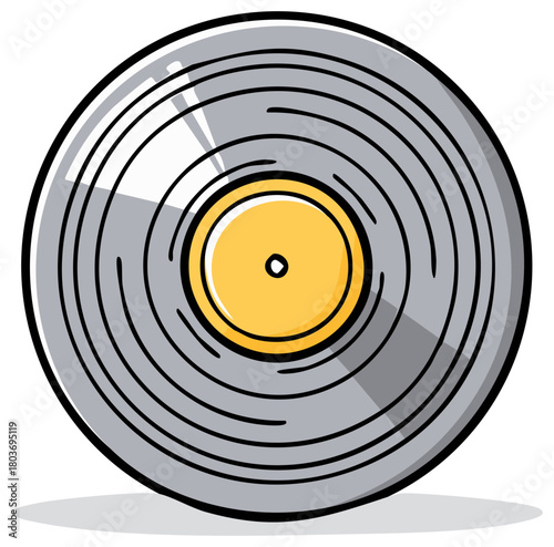 Groovy vinyl record spinning with a yellow center and black grooves showing vintage musical groove