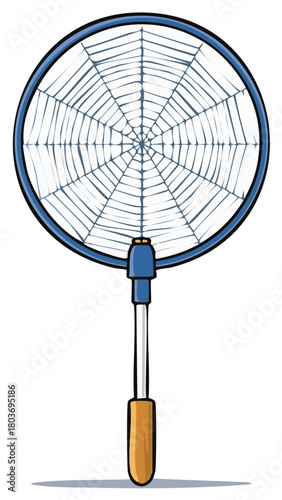 Cartoon of a Blue Rimmed Fish Net with Wooden Handle and Web Pattern in a Circular Shape