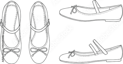 Women's Mary Jane Ballet Flats with Double Straps and Bow Detail, Technical Fashion Drawing - CAD Drawing Flat Vector Illustration