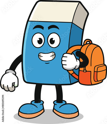 Cartoon eraser character with backpack – smiling blue and white school supply with gloves, shoes, and friendly educational theme design