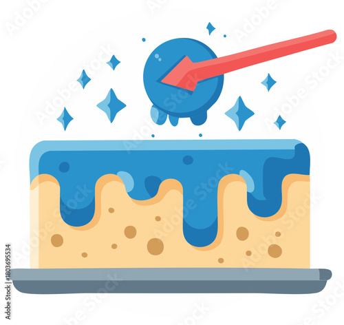 Stylized illustration of a delicious cake being decorated with vibrant blue frosting and a sparkling pointer