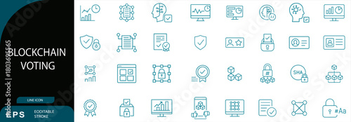 Blockchain voting line vector icon set election security system