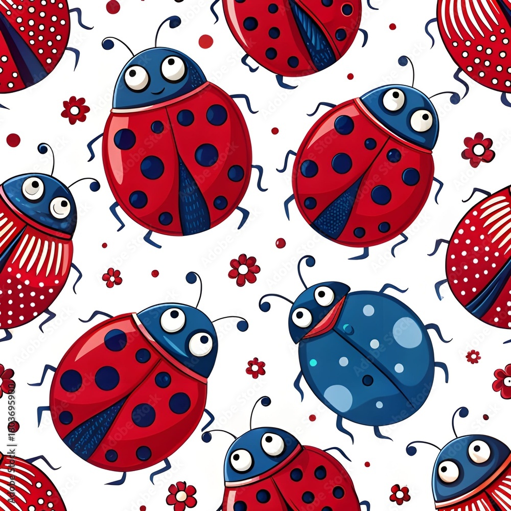 Fototapeta premium Seamless vector cartoon pattern with ladybugs, red and blue, nature and cute floral design illustration.